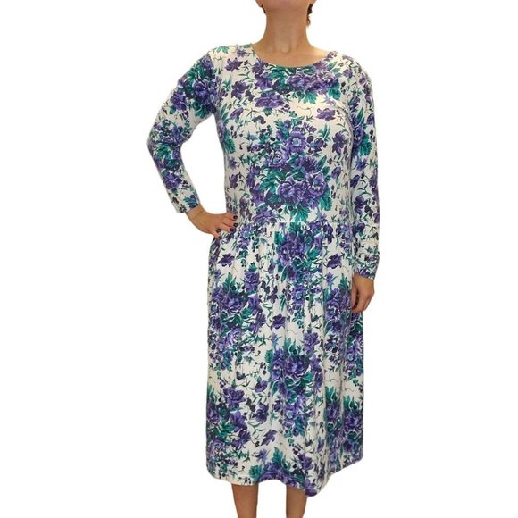 Vintage‎ 80s Sz M/L Floral Longsleeve Drop Waist Knit Midi Dress Pockets Purple - Picture 1 of 8